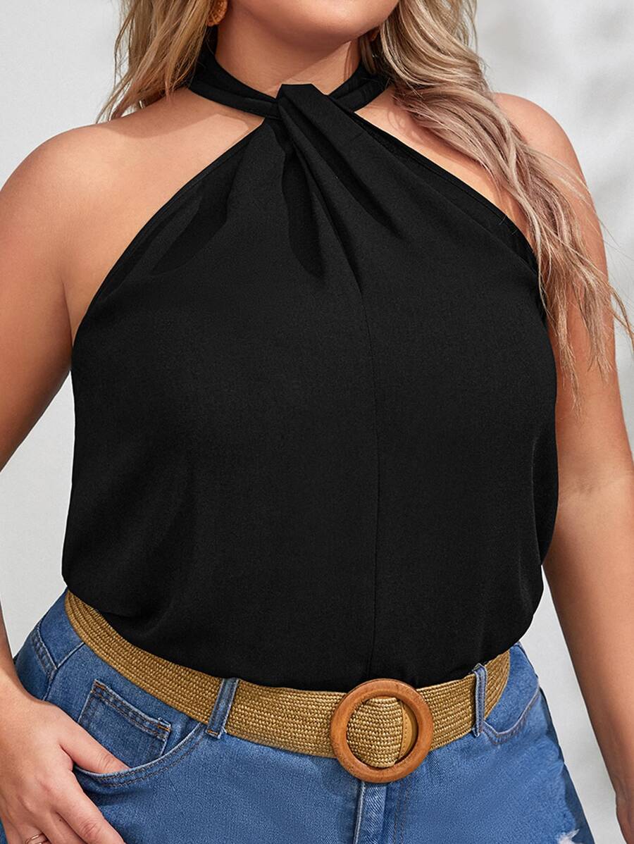 SHEIN VCAY 大碼素色掛脖上衣 - 黑色 - 查看 1