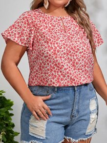 SHEIN VCAY Plus Ditsy Floral Print Keyhole Neck Butterfly Sleeve Blouse - Red and White - View 2