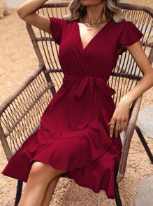 SHEIN Clasi Butterfly Sleeve Ruffle Trim Wrap Hem Belted Dress