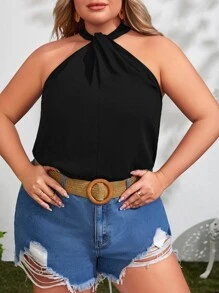 SHEIN VCAY 大碼素色掛脖上衣 - 黑色 - 查看 5