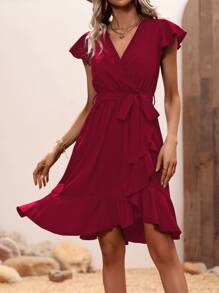SHEIN Clasi Butterfly Sleeve Ruffle Trim Wrap Hem Belted Dress