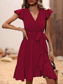 SHEIN Clasi Butterfly Sleeve Ruffle Trim Wrap Hem Belted Dress