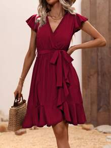SHEIN Clasi Butterfly Sleeve Ruffle Trim Wrap Hem Belted Dress