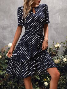 SHEIN Clasi Polka Dot Print Keyhole Neckline Ruffle Hem Dress - Navy Blue - View 3