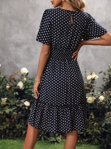 SHEIN Clasi Polka Dot Print Keyhole Neckline Ruffle Hem Dress - Navy Blue - View 4