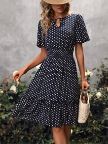 SHEIN Clasi Polka Dot Print Keyhole Neckline Ruffle Hem Dress - Navy Blue - View 2