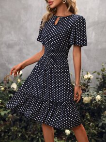 SHEIN Clasi Polka Dot Print Keyhole Neckline Ruffle Hem Dress - Navy Blue - View 6