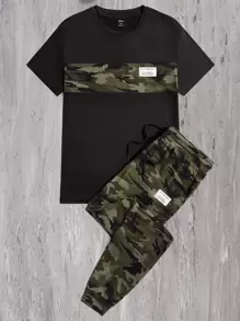 Manfinity VCAY Men Camo Graphic Print Patched Detail Short Sleeve Tee & Drawstring Waist Sweatpants, Going Out - Black - View 1