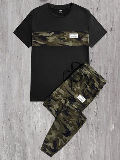 Guys Camo Print Patched Detail Tee & Drawstring Waist Sweatpants