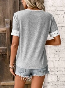 SHEIN LUNE Contrast Guipure Lace Trim Tee - Grey - View 2