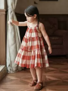 小女童格紋印花荷葉邊吊帶洋裝