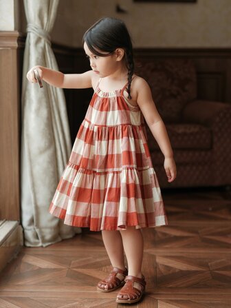 Niñas Vestido de tirantes con estampado de cuadros bajo con fruncido