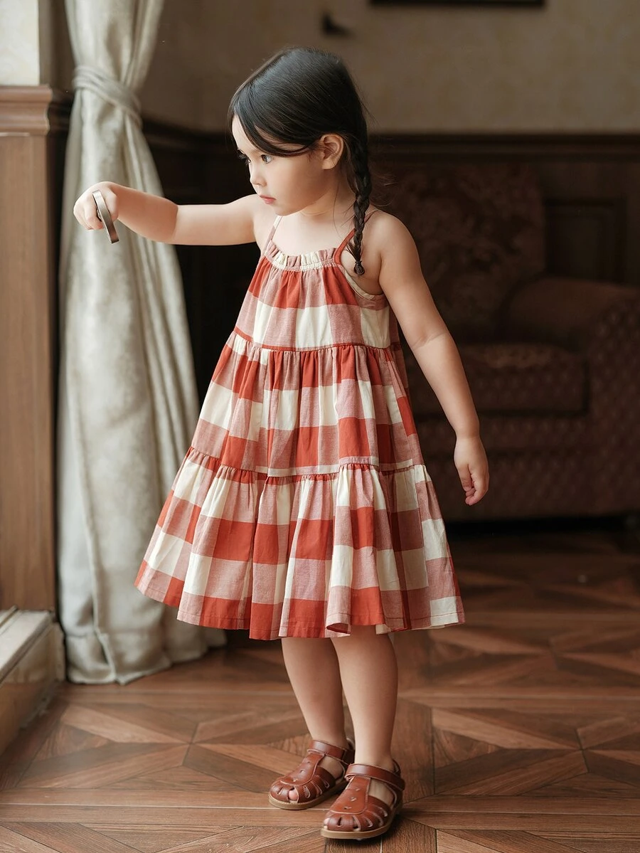 小女童格紋印花荷葉邊吊帶洋裝