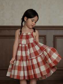 小女童格紋印花荷葉邊吊帶洋裝