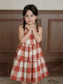 小女童格紋印花荷葉邊吊帶洋裝
