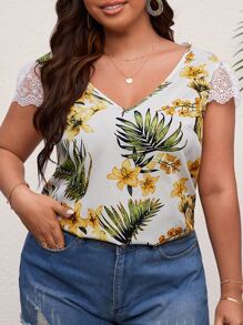 SHEIN VCAY Plus Tropical Print Embroidery Mesh Panel Scallop Trim Blouse - Multicolor - View 3