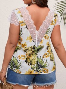 SHEIN VCAY Plus Tropical Print Embroidery Mesh Panel Scallop Trim Blouse - Multicolor - View 4