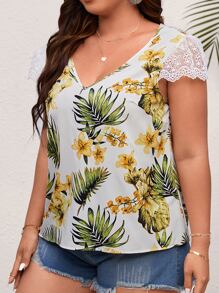 SHEIN VCAY Plus Tropical Print Embroidery Mesh Panel Scallop Trim Blouse - Multicolor - View 6