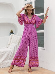 Rusttydustty Floral Print Flounce Sleeve Wide Leg Jumpsuit - Red Violet - View 1