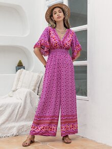 Rusttydustty Floral Print Flounce Sleeve Wide Leg Jumpsuit - Red Violet - View 6