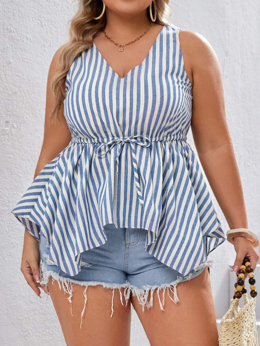SHEIN VCAY Áo hai dây Plus Size Bất đối xứng Viên lá sen Thắt nơ trước Sọc Giải trí - Xanh và trắng - Xem 1