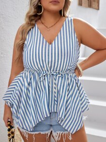 SHEIN VCAY Áo hai dây Plus Size Bất đối xứng Viên lá sen Thắt nơ trước Sọc Giải trí - Xanh và trắng - Xem 6