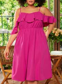 SHEIN CURVE+ Vestido de hombros descubiertos ribete con fruncido - Rosa Fucsia - Ver 1