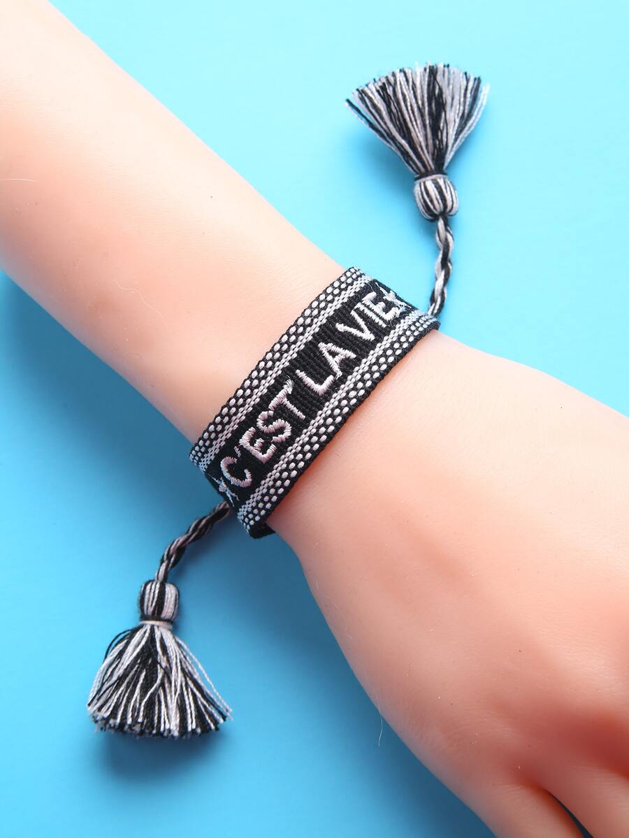 Letter Embroidered Tassel Decor Bracelet - Multicolor - View 1