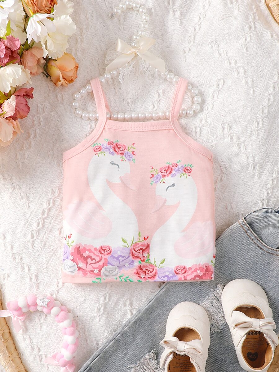 Baby Swan & Floral Print Cami Top - Pink - View 1