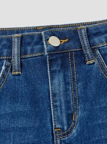 SHEIN Teen Girls Ripped Roll Up Hem Denim Shorts - Dark Wash - View 4