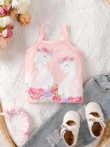 Baby Swan & Floral Print Cami Top - Pink - View 4