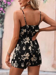 Breezaya Floral Print Ruffle Trim Cami Romper - Black - View 2