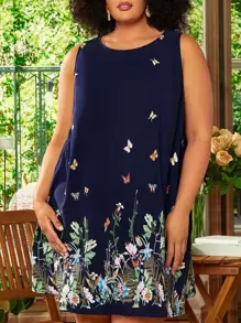 SHEIN CURVE+ Plus Butterfly & Floral Print Dress - Navy Blue - View 1