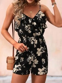 Breezaya Floral Print Ruffle Trim Cami Romper - Black - View 5