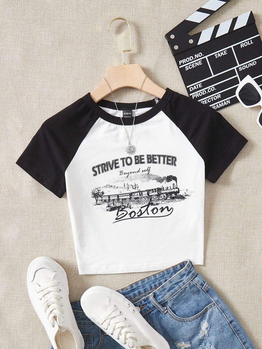 SHEIN EZwear Bikercore Slogan Graphic Raglan Sleeve Crop Tee - White - View 1