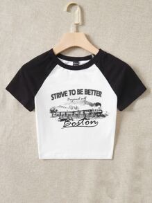 SHEIN EZwear Bikercore Slogan Graphic Raglan Sleeve Crop Tee - White - View 3