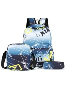 3入組套男士字母圖案休閒背包套裝帶筆袋書包套裝大學包套裝高中生研究生大學新生大二學生通勤、戶外、徒步旅行 - 彩色 - 查看 1