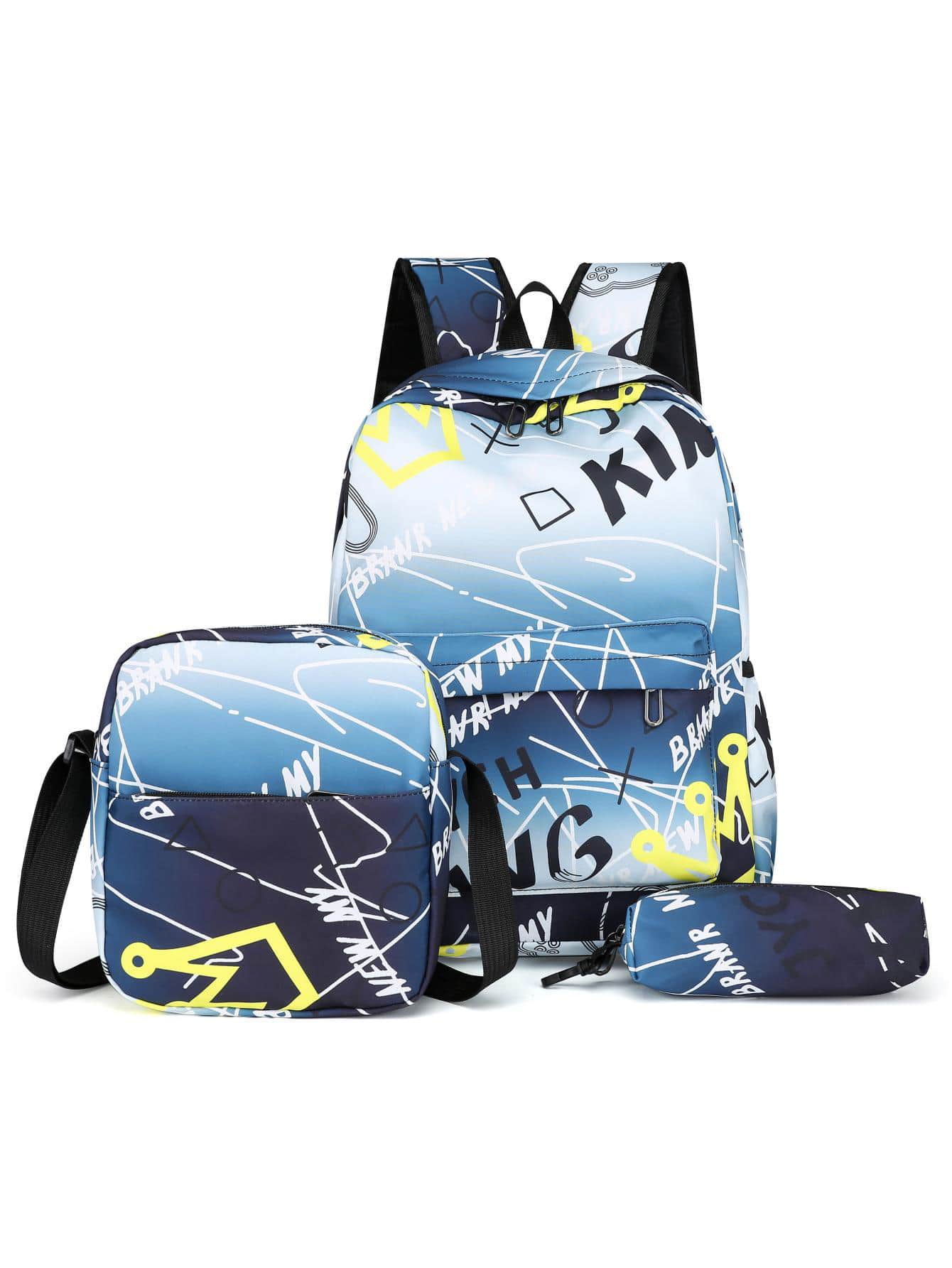 3入組套男士字母圖案休閒背包套裝帶筆袋書包套裝大學包套裝高中生研究生大學新生大二學生通勤、戶外、徒步旅行 - 彩色 - 查看 1