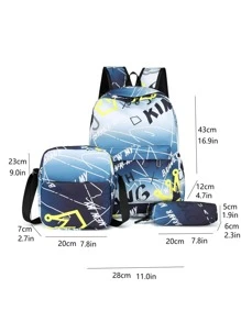 3入組套男士字母圖案休閒背包套裝帶筆袋書包套裝大學包套裝高中生研究生大學新生大二學生通勤、戶外、徒步旅行 - 彩色 - 查看 3