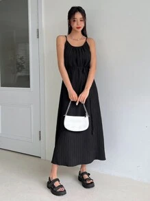 DAZY Vestido de tirantes unicolor con cordón trasero - Negro - Ver 6