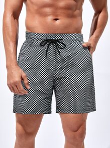 Manfinity Hombres Shorts de natación con estampado de guingán de cintura con cordón - Blanco y Negro - Ver 1