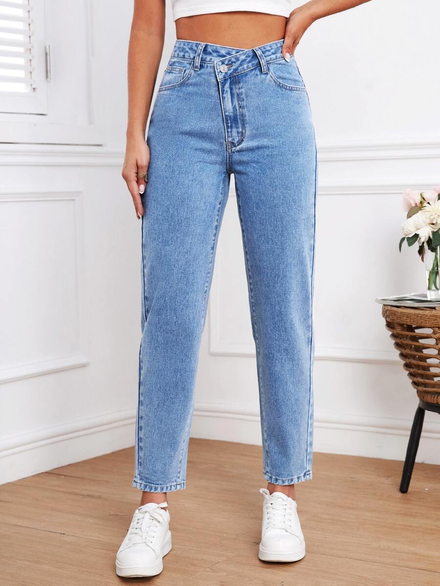 SHEIN Frenchy High Waist Mom Fit Jeans - Medium Wash - View 1