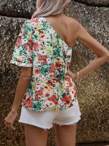 SHEIN LUNE Blusa con estampado floral de un hombro - Albaricoque - Ver 2