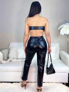 PU Leather Tie Front Crop Tube Top & Trousers Set - Black - View 2