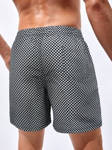 Manfinity Hombres Shorts de natación con estampado de guingán de cintura con cordón - Blanco y Negro - Ver 2