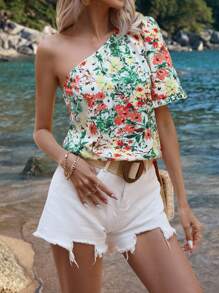 SHEIN LUNE Blusa con estampado floral de un hombro - Albaricoque - Ver 4