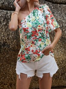 SHEIN LUNE Blusa con estampado floral de un hombro - Albaricoque - Ver 5