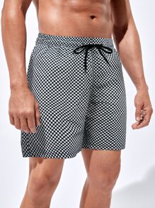 Manfinity Hombres Shorts de natación con estampado de guingán de cintura con cordón - Blanco y Negro - Ver 5