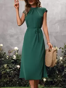 SHEIN Clasi Solid Batwing Sleeve Belted Dress - Green - View 1