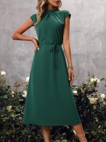 SHEIN Clasi Solid Batwing Sleeve Belted Dress - Green - View 3